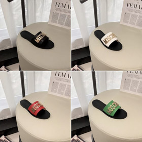 Moschino kolorowe skórzane okrągłe palce płaskie sandały-5657  